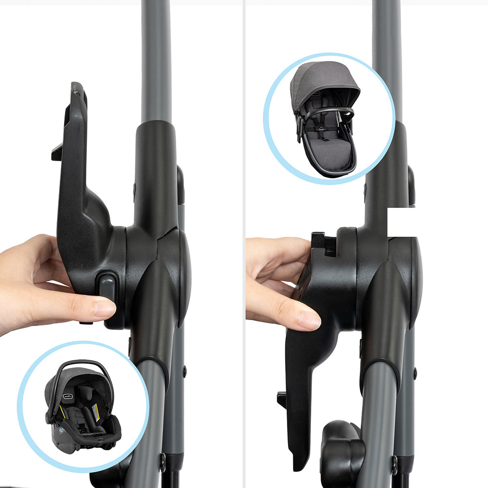 Image showing two sides of the car seat adapter with side images of infant car seat and toddler seat.