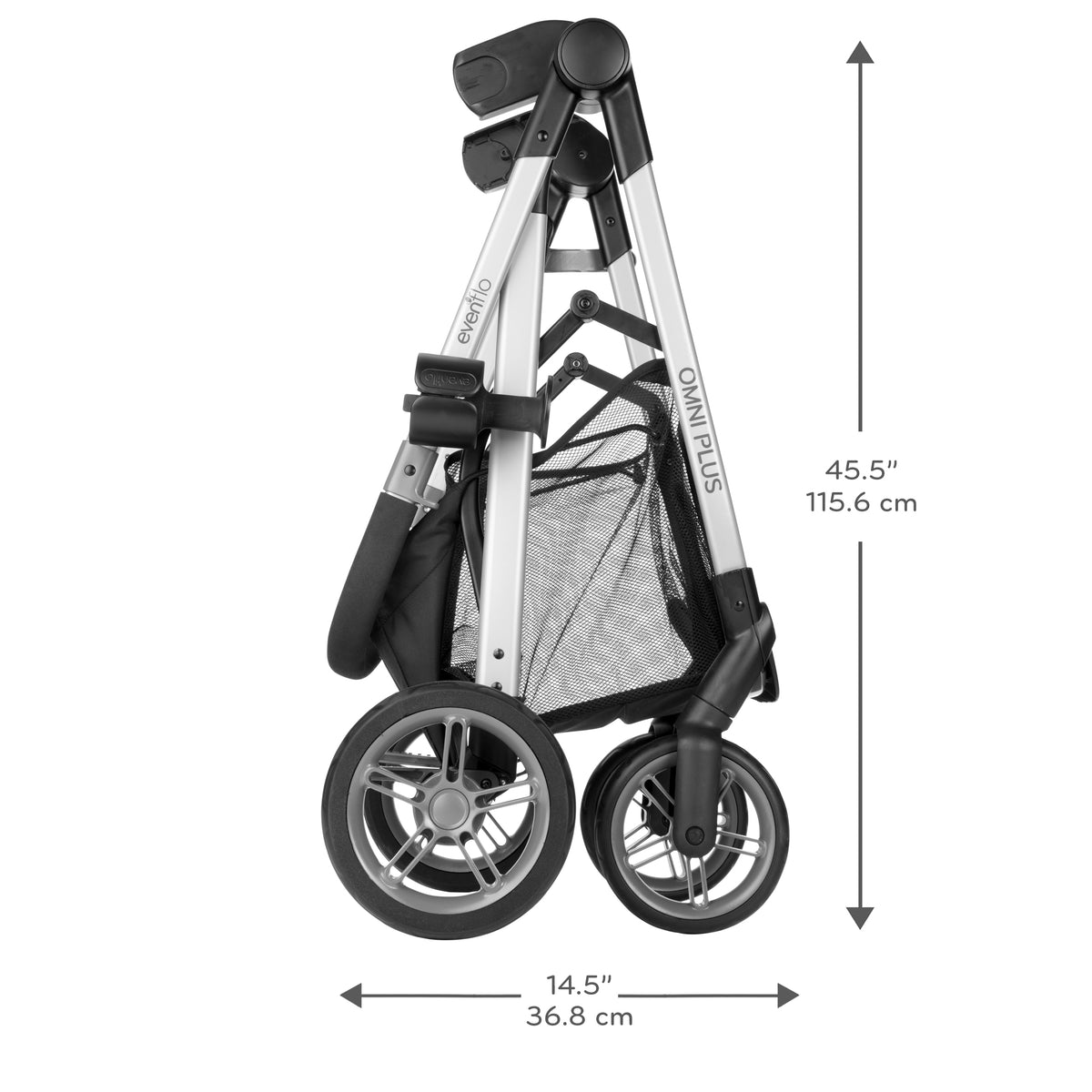 Folded Omni Plus stroller shown on a white background with dimension arrows and measurements indicating 45.5 inches (115.