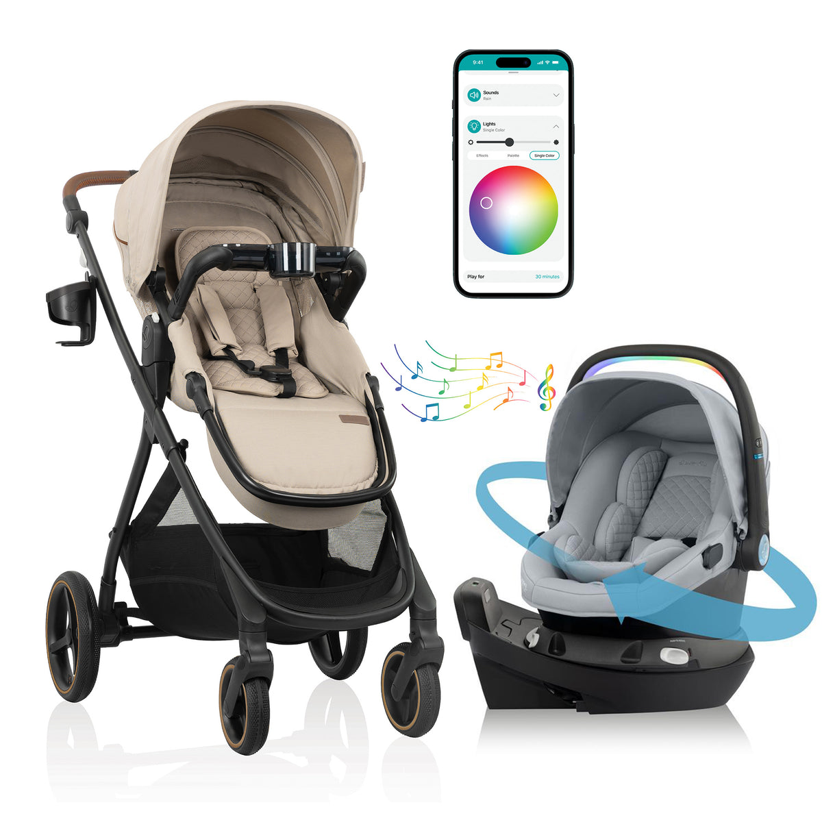 Stroller with baby seat and smartphone app interface on a white background