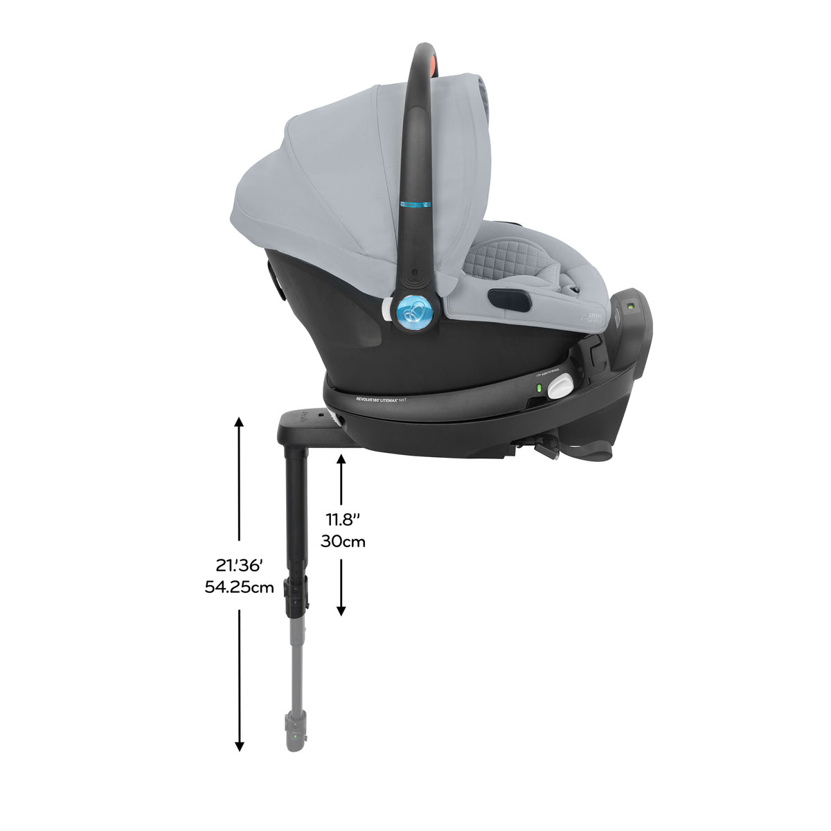 Revolve180 LiteMax NXT Rotating Infant Car Seat with SensorySoothe & Accessory Load Leg dimensions diagram