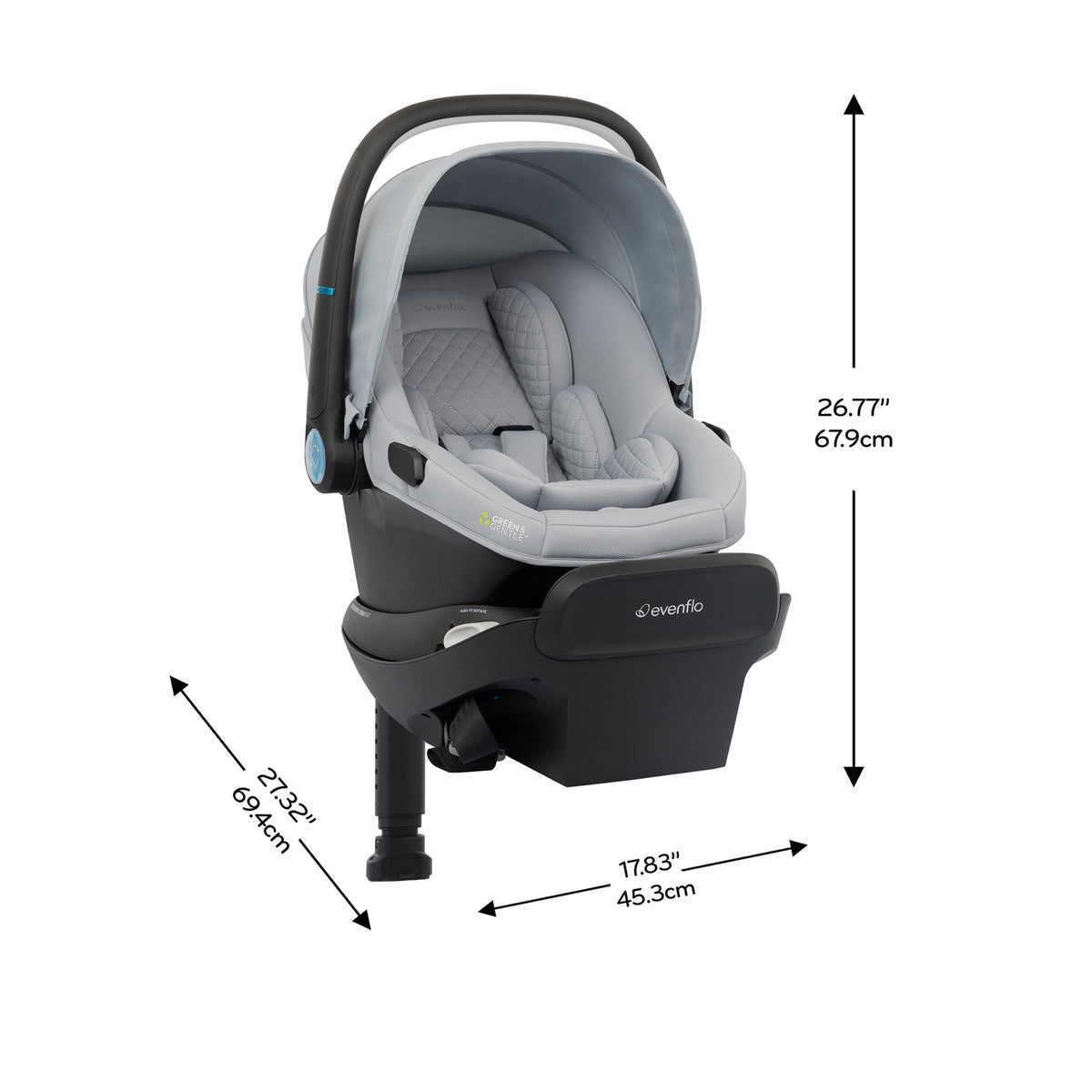 Revolve180 LiteMax NXT Rotating Infant Car Seat with SensorySoothe & Accessory Load Leg dimensions diagram