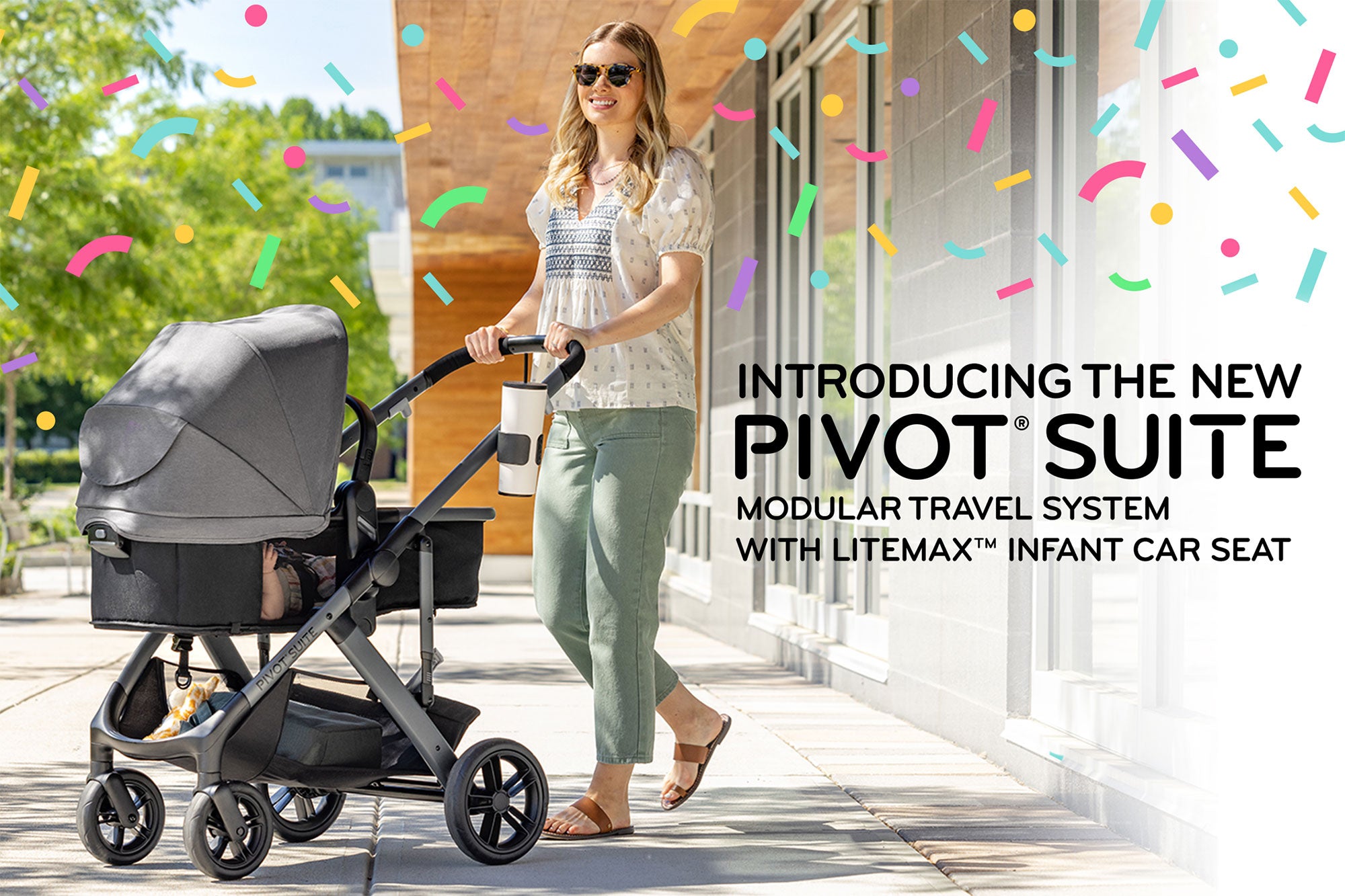Introducing the new Pivot Suite Modular Travel System with LiteMax Infant Car Seat. Image of mom holding Pivot Suite Car Seat.