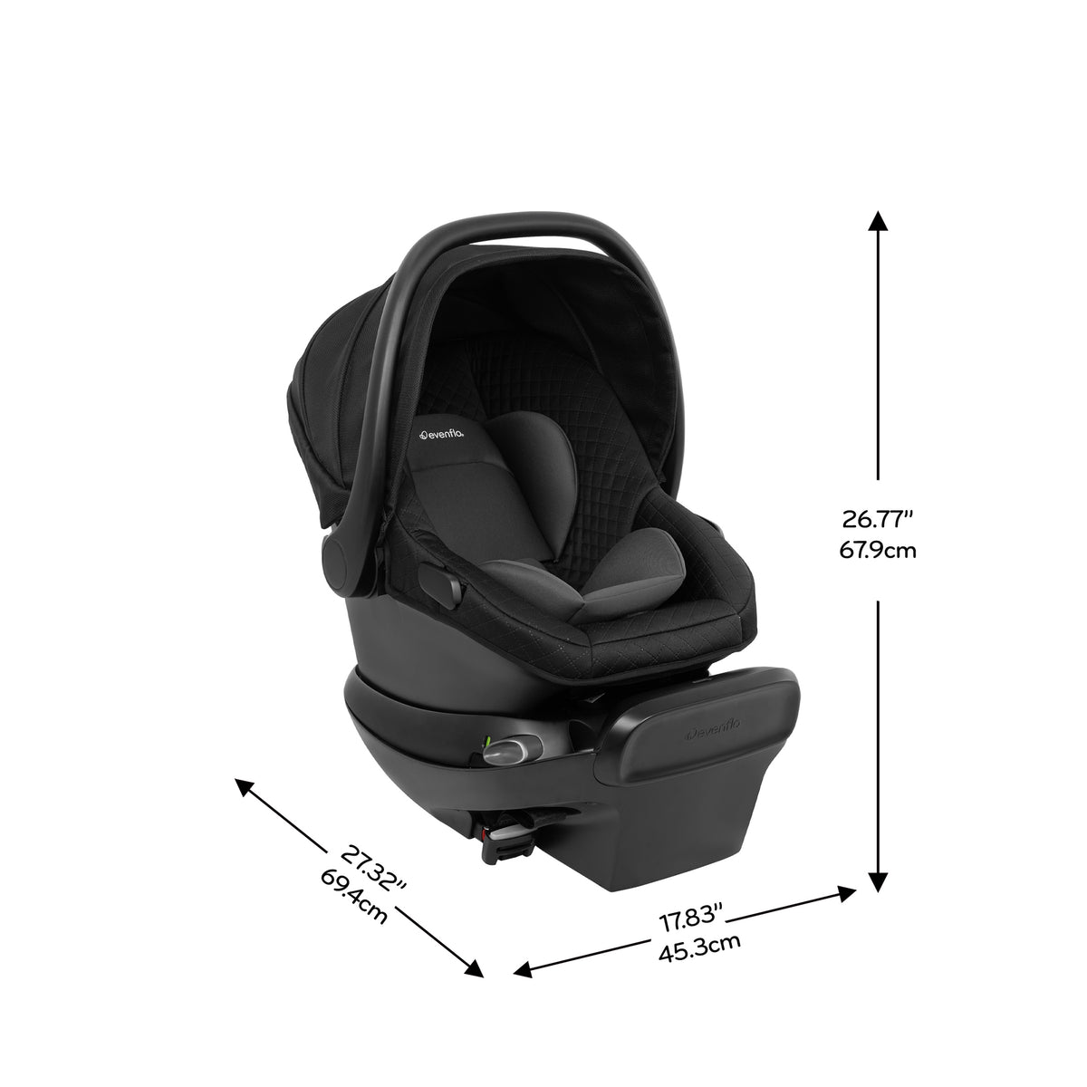 Black baby car seat with dimensions indicated on a white background