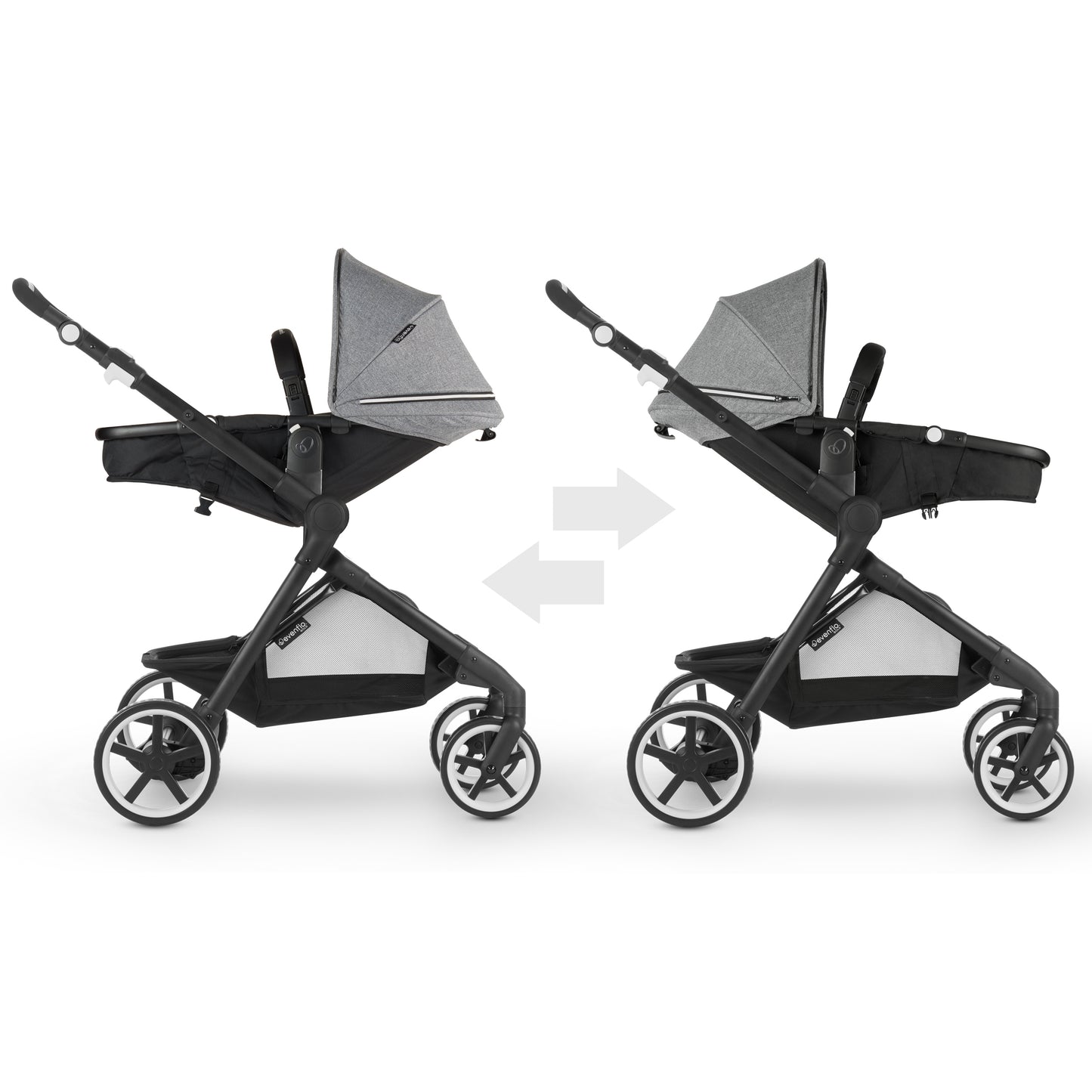 Evenflo Pivot Xpand Travel System reclined infant parent and forward-facing mode