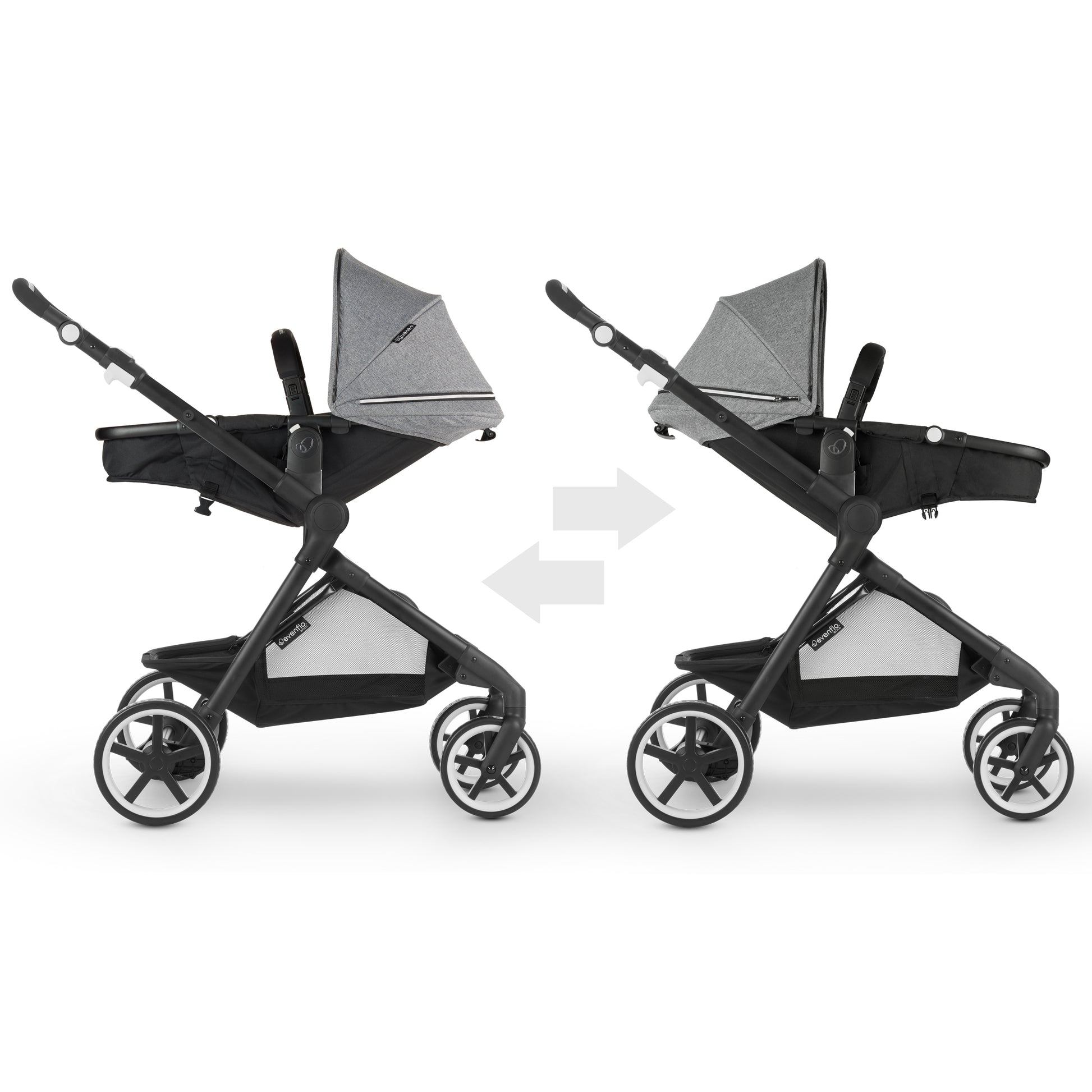 Evenflo Pivot Xpand Travel System reclined infant parent and forward-facing mode