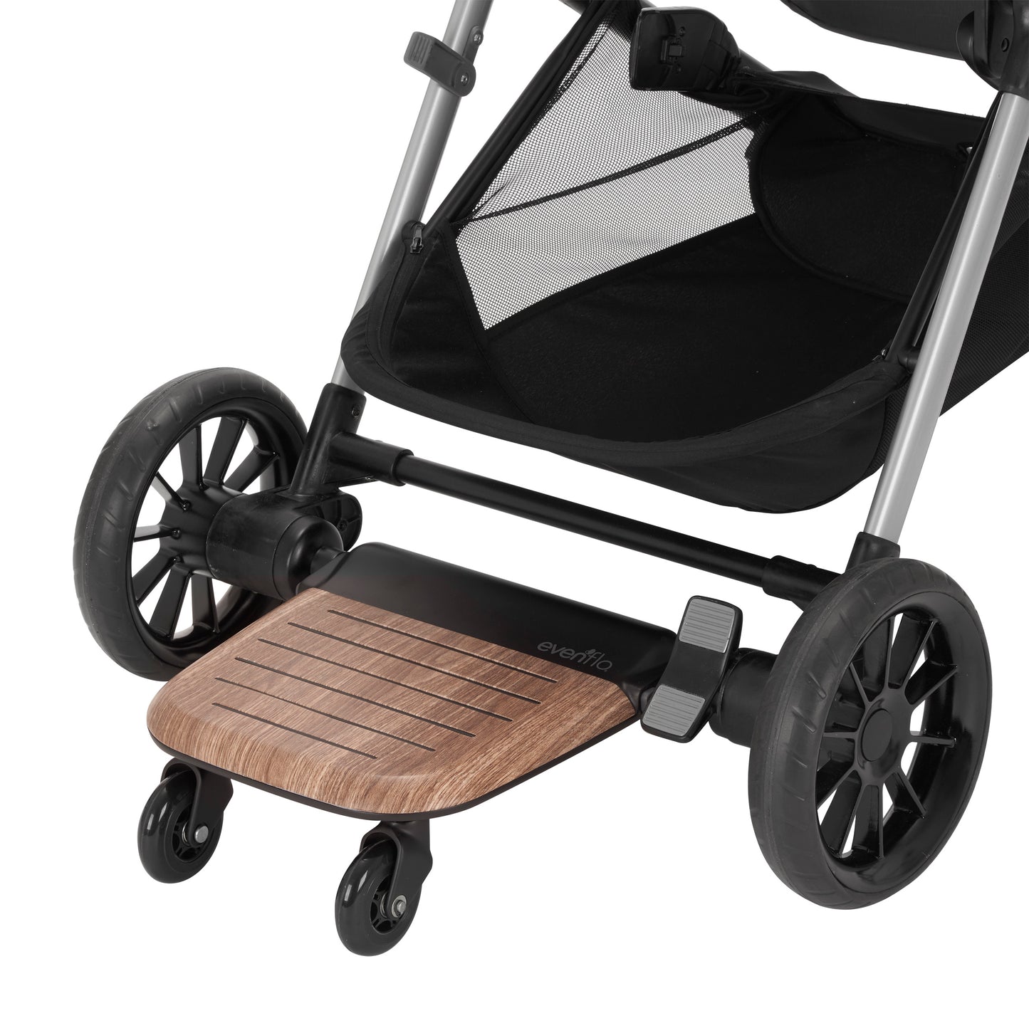 Evenflo stroller rider board attached to the back of a stroller