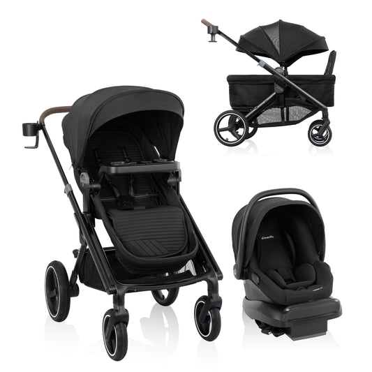 Transformer Stroller to Wagon Travel System Featuring LiteMax NXT Infant Car Seat (Pitch Black)