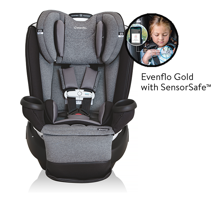 Image of Gold Revolve360 Extend Rotational All-in-One Car Seat with SensorSafe with child pointing at the sensor.