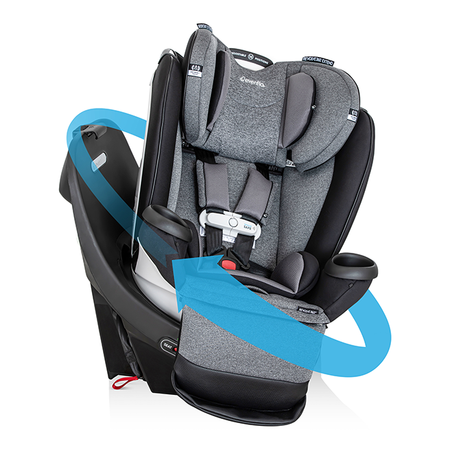 Image of Revolve360 Extend Rotational All-in-One Car Seat with arrow around seat indicating rotational feature.
