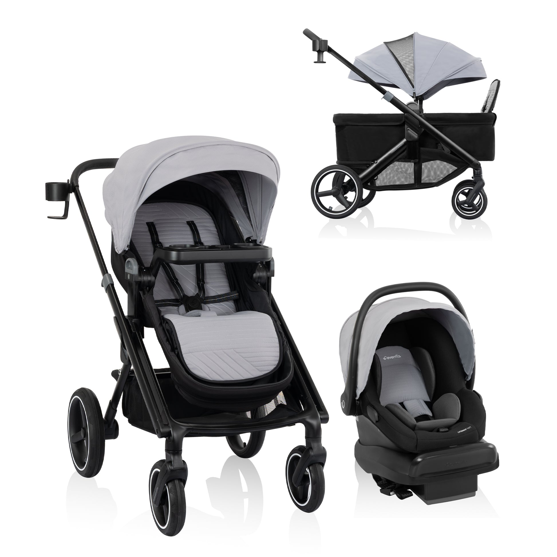 Transformer Stroller to Wagon Travel System Featuring LiteMax NXT Infant Car Seat (Fog Gray)