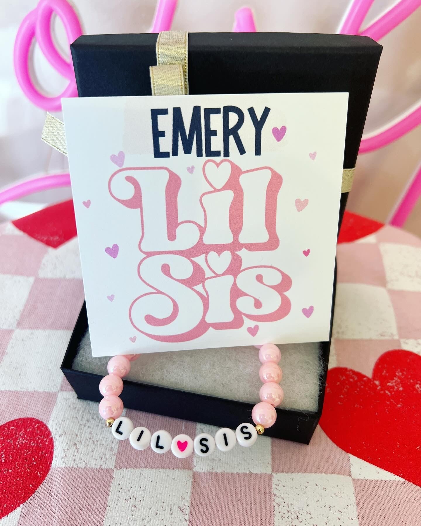 Little Sister Bracelet, new baby sister gift, gift from baby, Lil sister, Bracelet, card, box & ribbon! Personalized card!