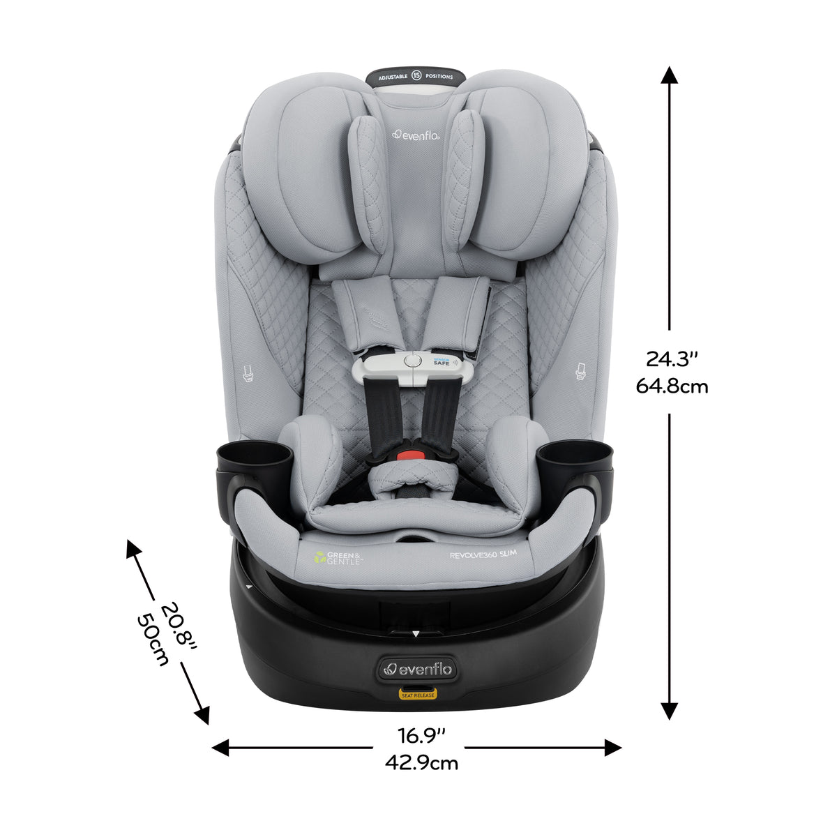 Revolve360 Slim 2-in-1 Rotating Car Seat with Green & Gentle Fabric dimensions diagram