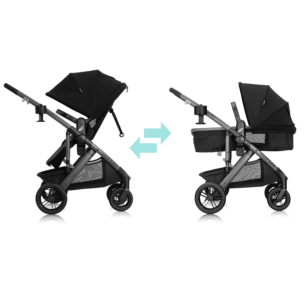 Image of Pivot Suite with arrow indicating transition from toddler to carriage mode.