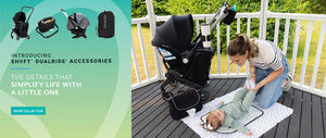 Introducing Shyft DualRide Accessories: The Details That Simplify Life with a Little One. Image of mom with baby next to Shyft DualRide with Stroller Crossbody Bag and Carryall Bag attached, and Babe on the Run Bag. Shop the Collection. 