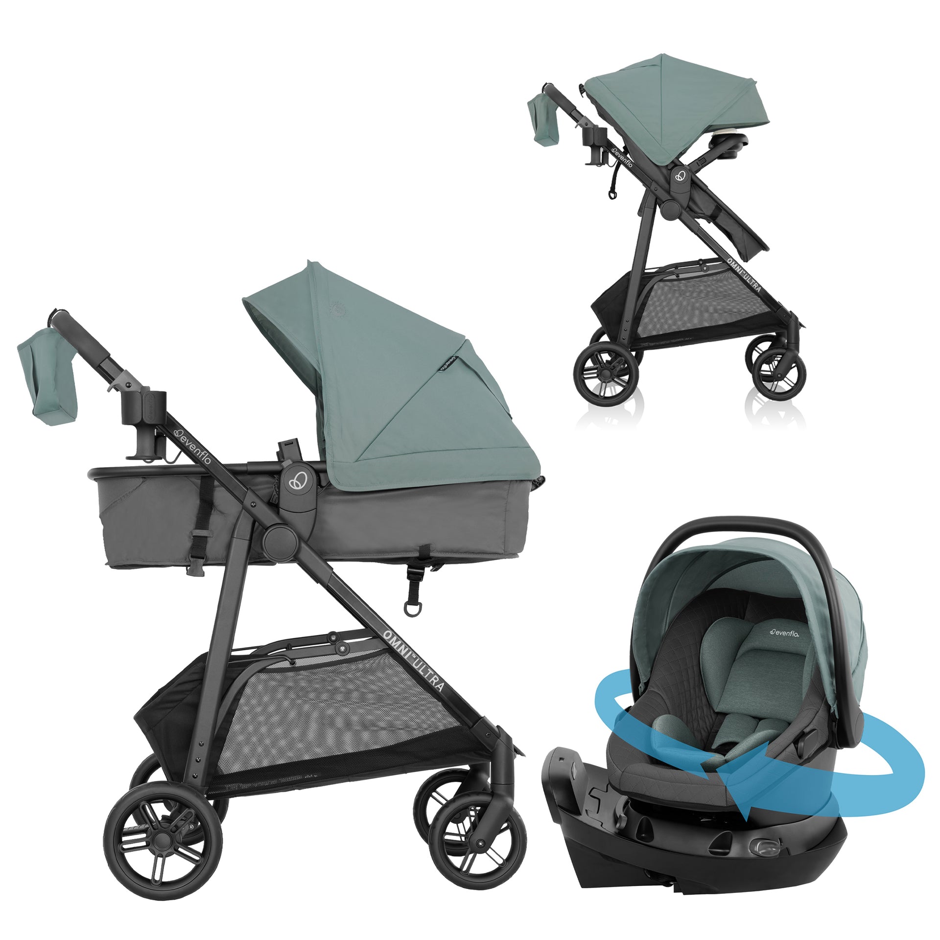 Evenflo Omni Ultra Travel System with Revolve180 LiteMax NXT Rotating Infant Car Seat, Pacific Green