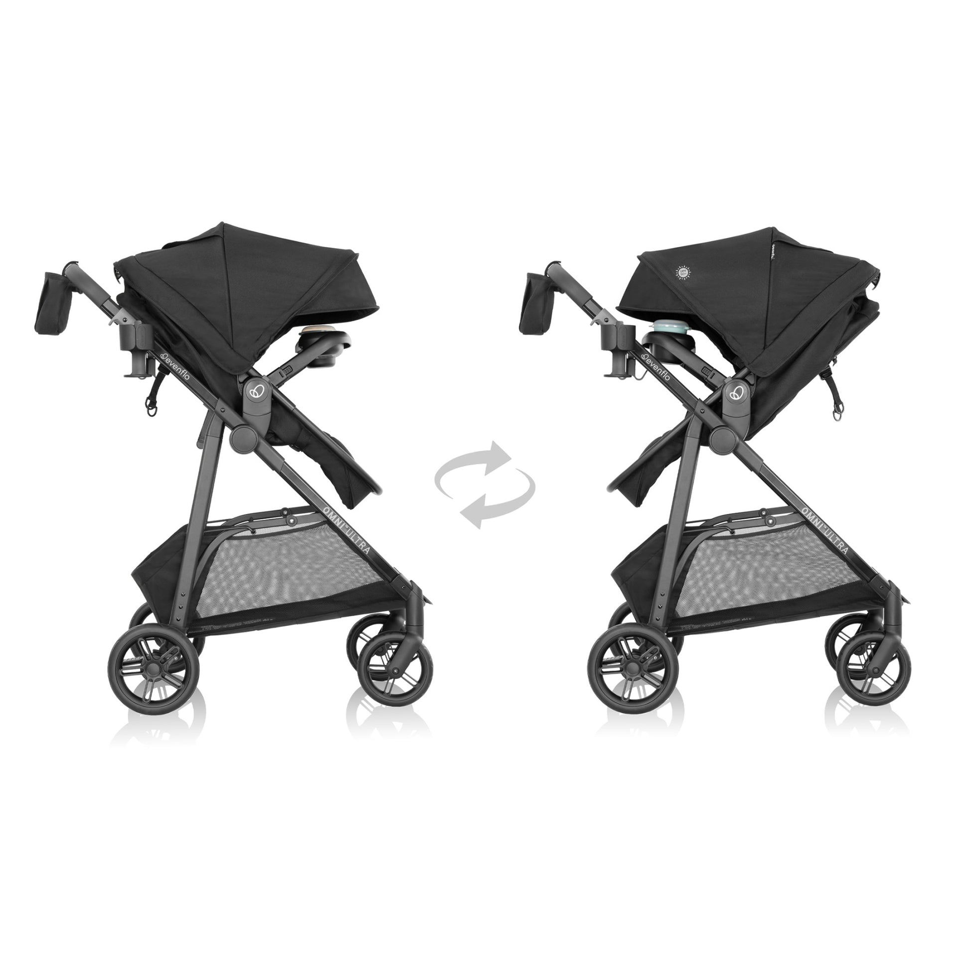 Omni Ultra Travel System with Revolve180 LiteMax NXT Rotational Infant Car Seat Caviar Black rotate