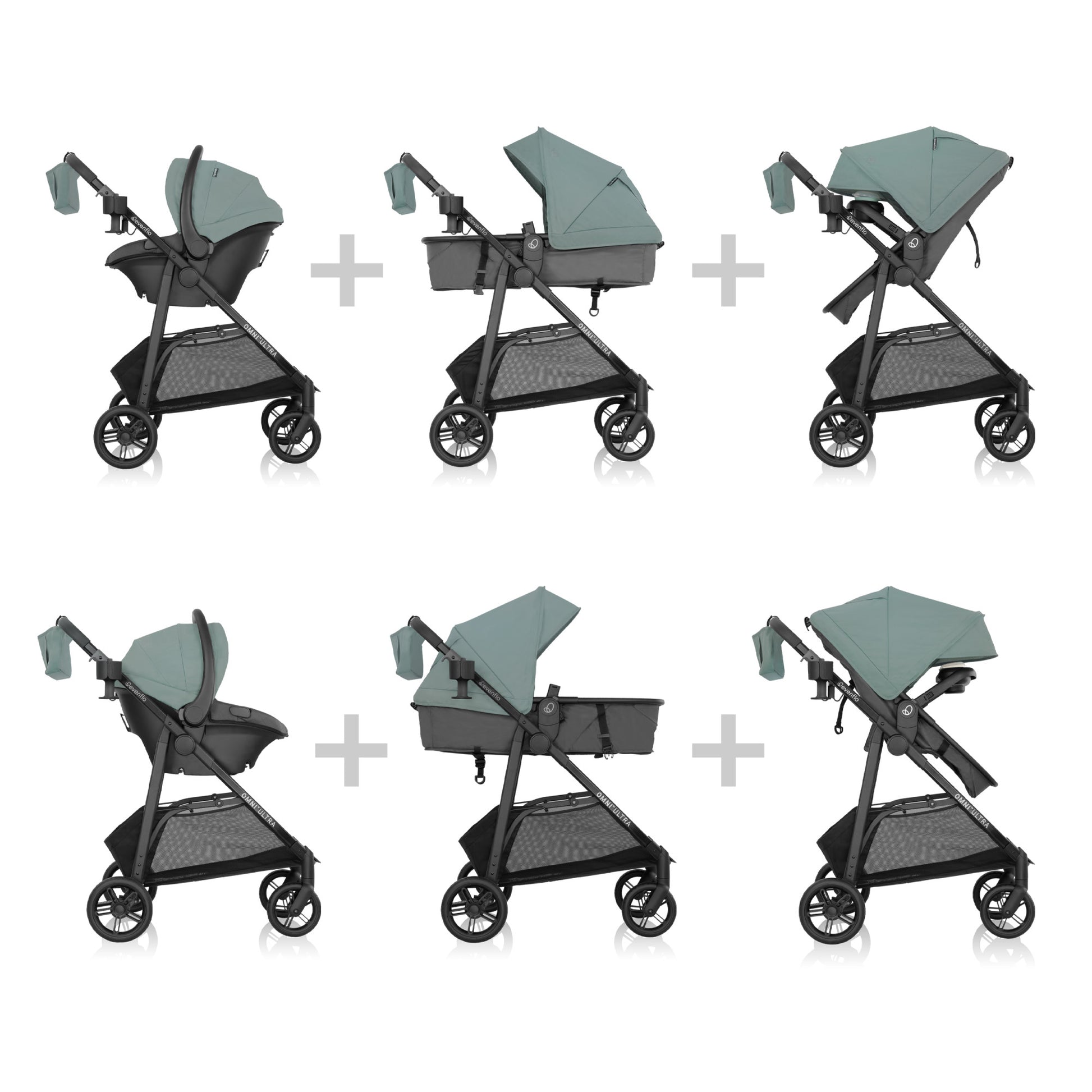 Omni Ultra Travel System with Revolve180 LiteMax NXT Rotational Infant Car Seat Pacific Green transformations