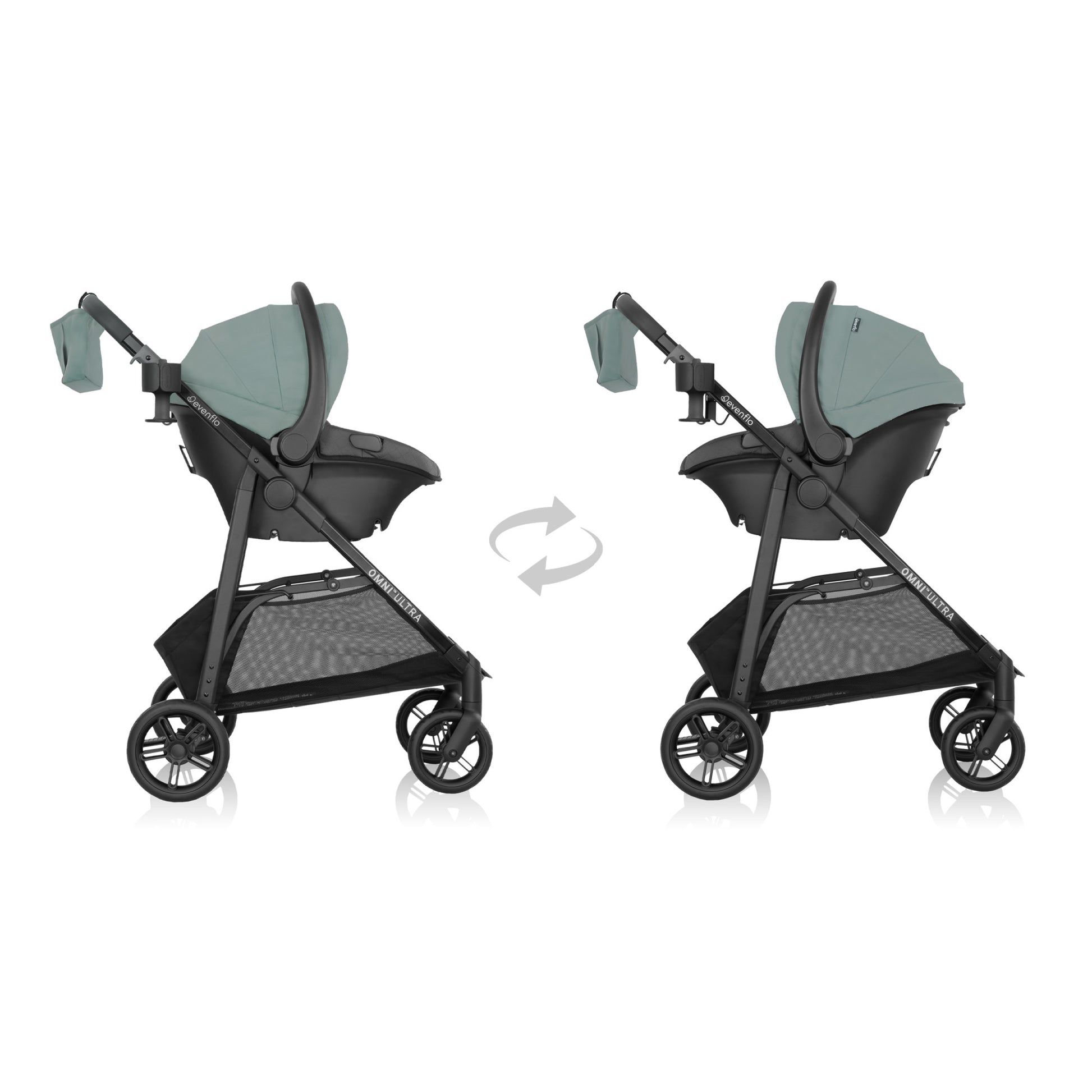 Omni Ultra Travel System with Revolve180 LiteMax NXT Rotational Infant Car Seat Pacific Green rotate