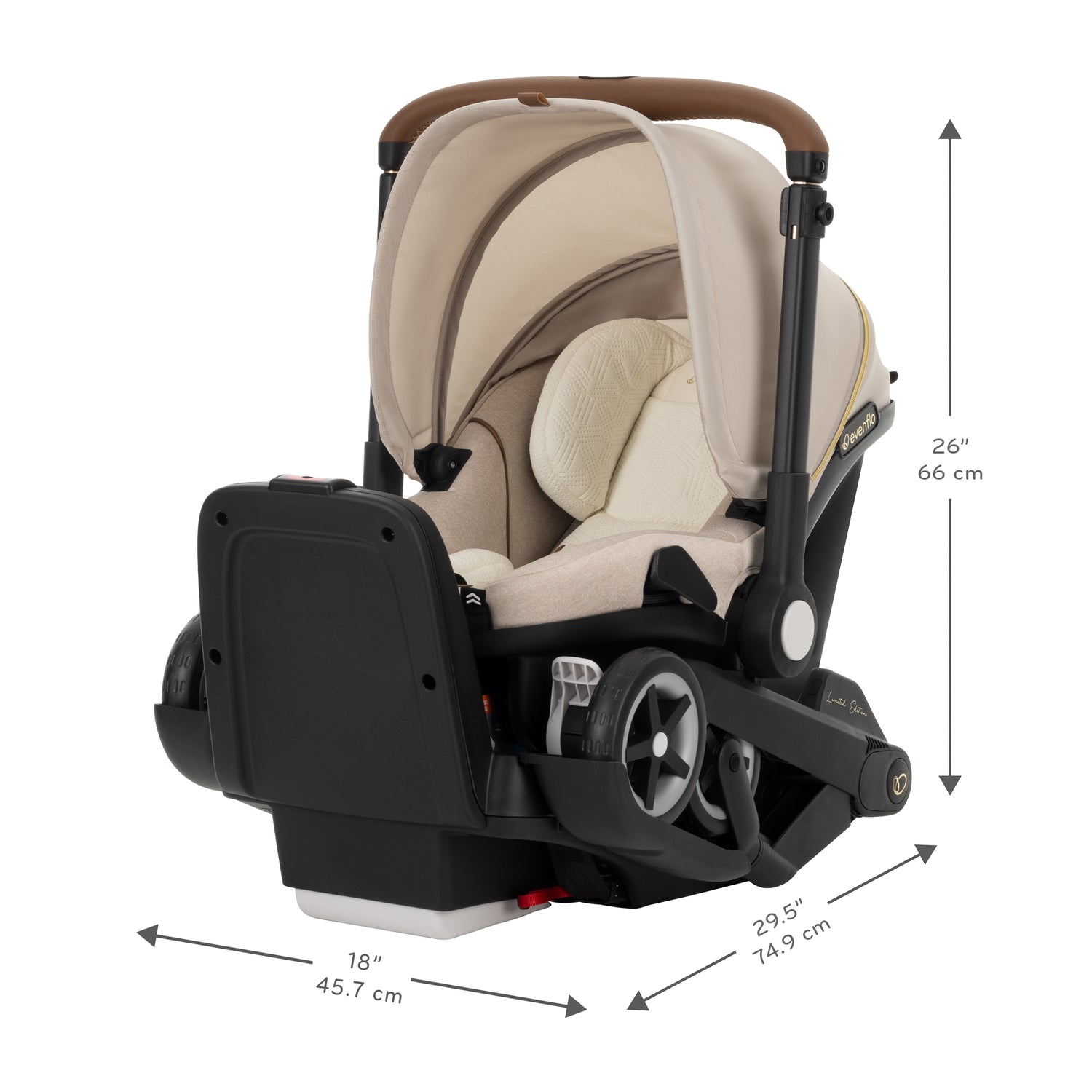 Limited Edition Shyft™ DualRide™ Infant Car Seat + Stroller Combo with Green & Gentle™ Fabric dimensions diagram