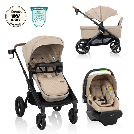 Transformer Stroller to Wagon Travel System Featuring LiteMax NXT Infant Car Seat with SensorySoothe (Travertine)