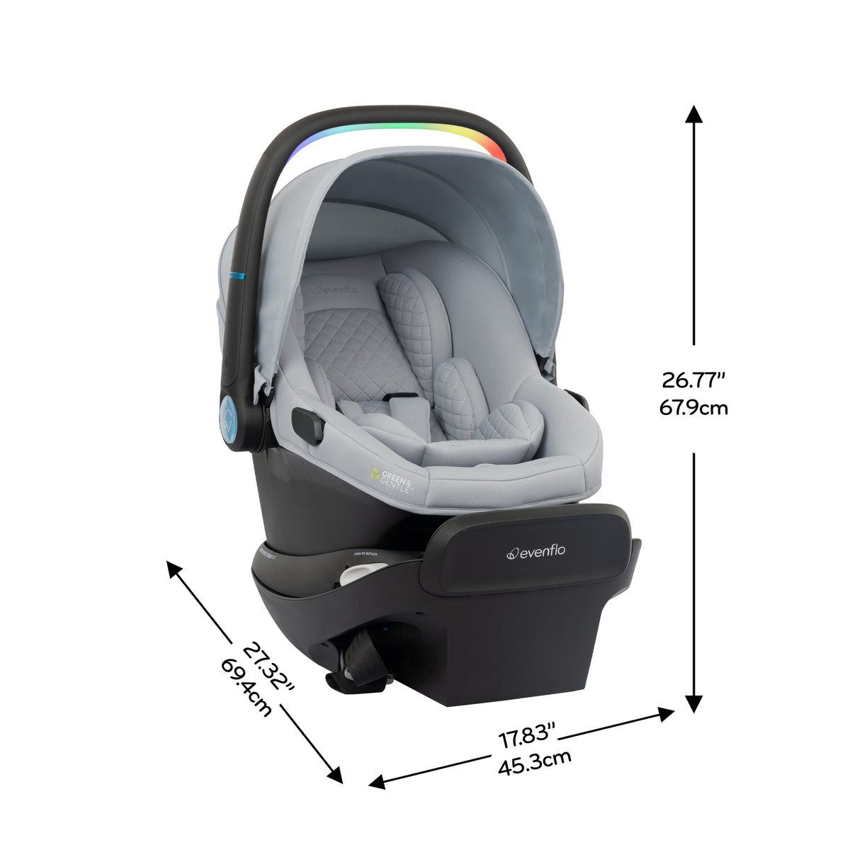 Shyft Intuiti+ Travel System featuring Revolve180 LiteMax™ NXT Rotating Infant Car Seat with SensorySoothe dimensions diagram