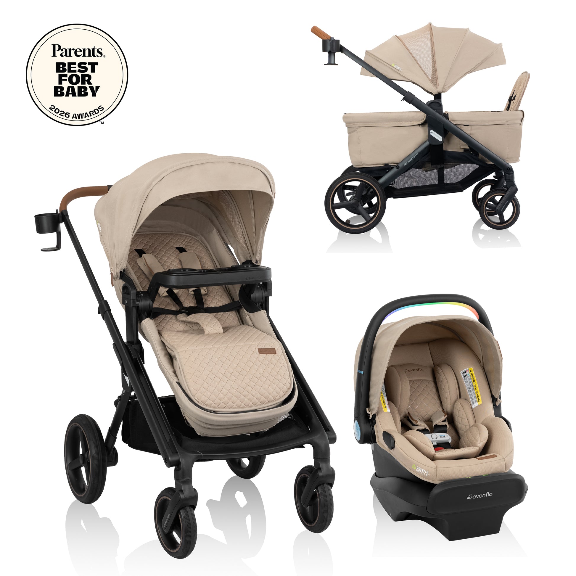 Transformer Stroller to Wagon Travel System Featuring LiteMax NXT Infant Car Seat with SensorySoothe (Travertine)