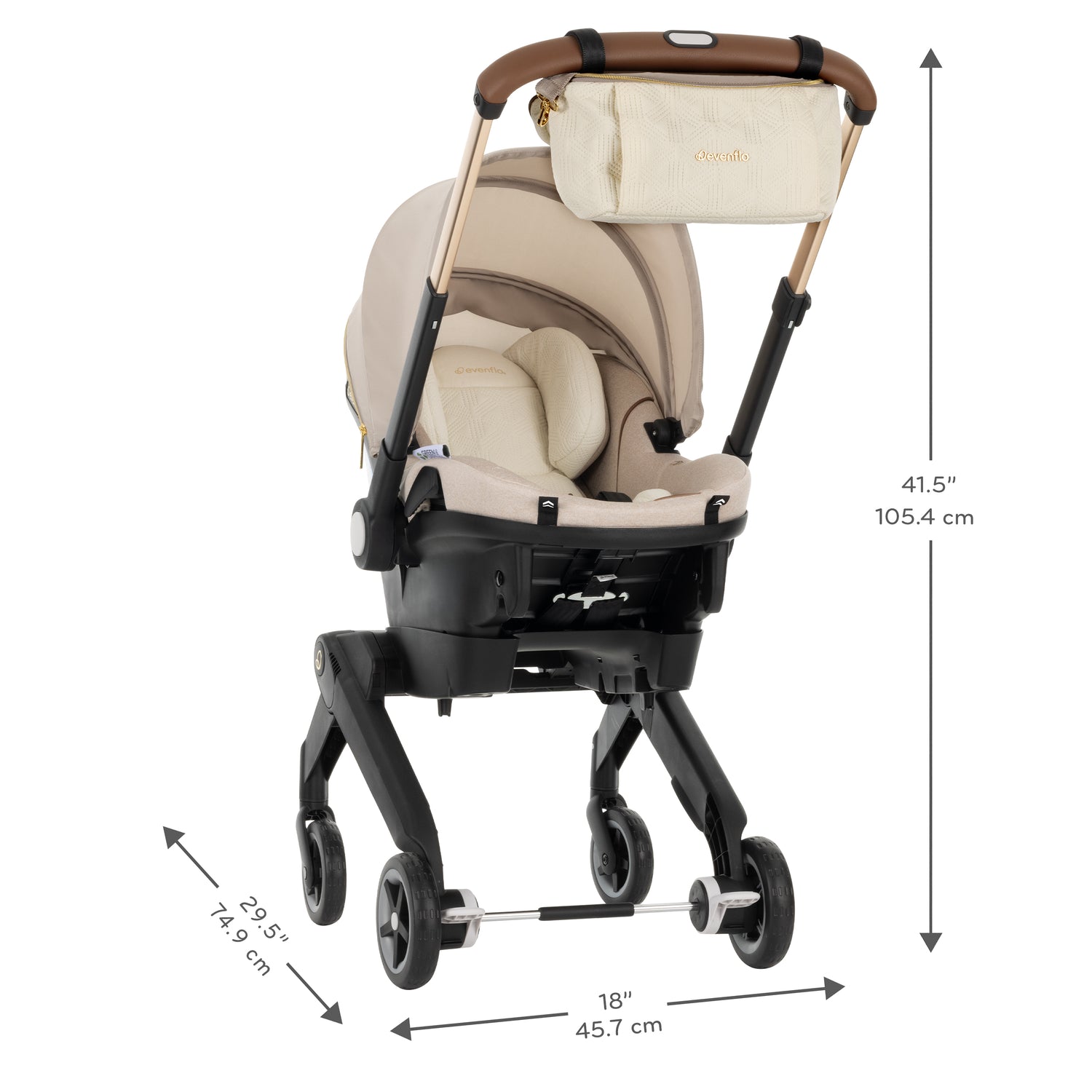 Limited Edition Shyft™ DualRide™ Infant Car Seat + Stroller Combo with Green & Gentle™ Fabric dimensions diagram