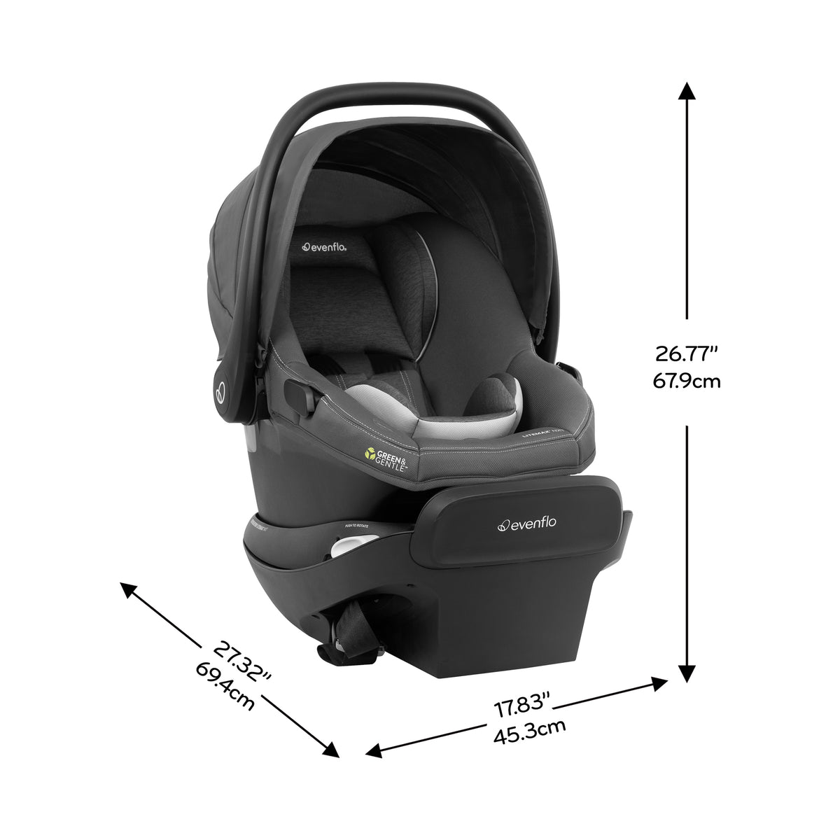 Revolve180 LiteMax NXT Rotating Infant Car Seat with Green & Gentle dimensions diagram