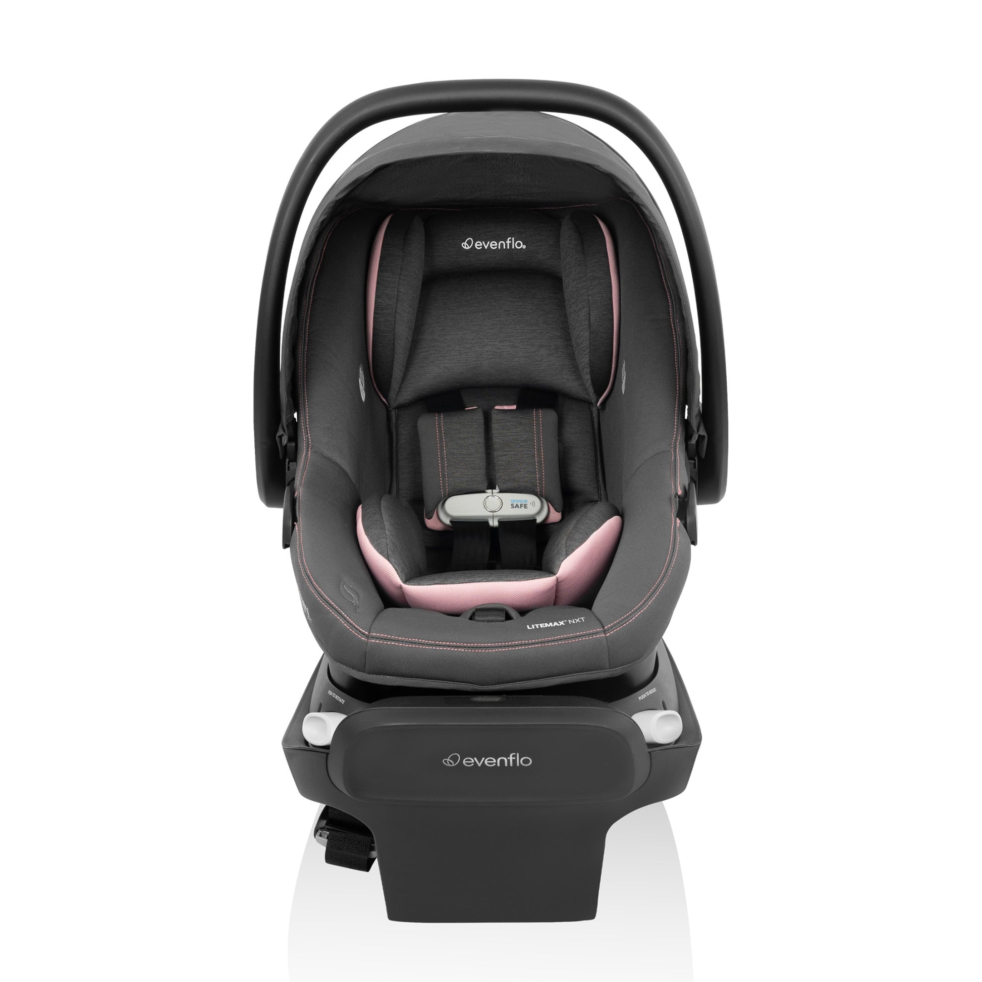 Revolve180 LiteMax NXT Rotating Infant Car Seat with Green & Gentle Primrose Pink front