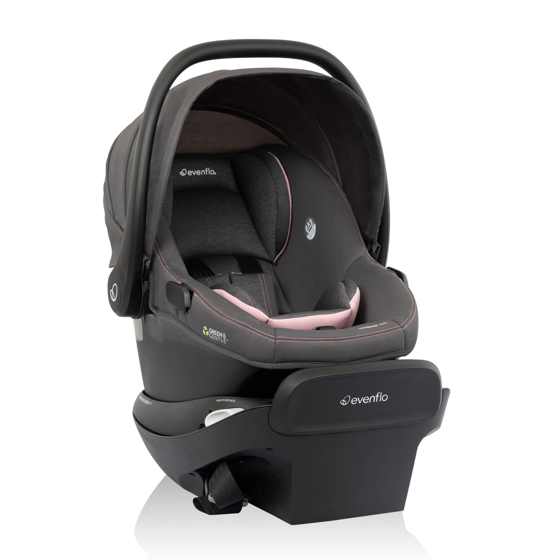 Revolve180 LiteMax NXT Rotating Infant Car Seat with Green & Gentle Primrose Pink side 1