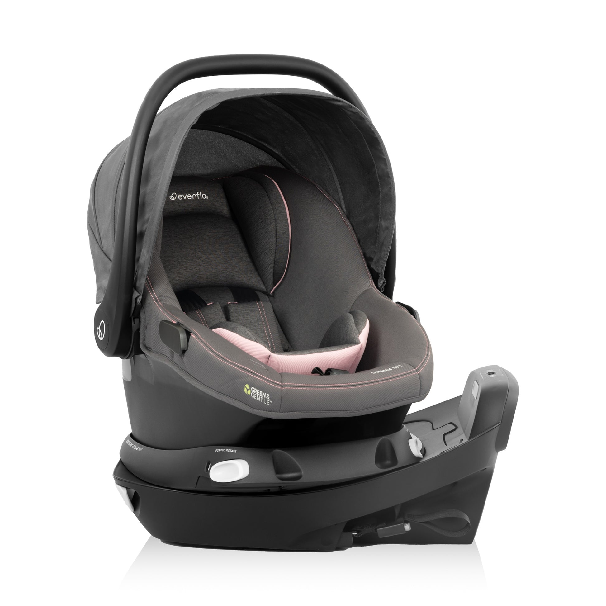 Revolve180 LiteMax NXT Rotating Infant Car Seat with Green & Gentle Primrose Pink side rotate