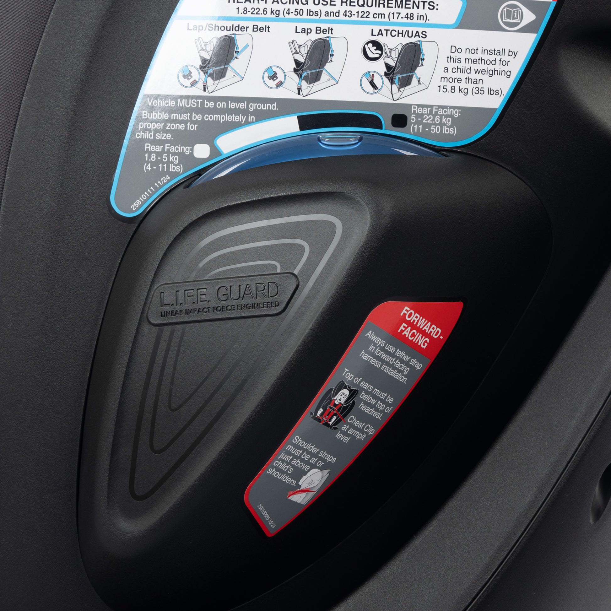 Gold Revolve360 Slim 2-in-1 Rotational Car Seat with SensorSafe Obsidian Black life guard button