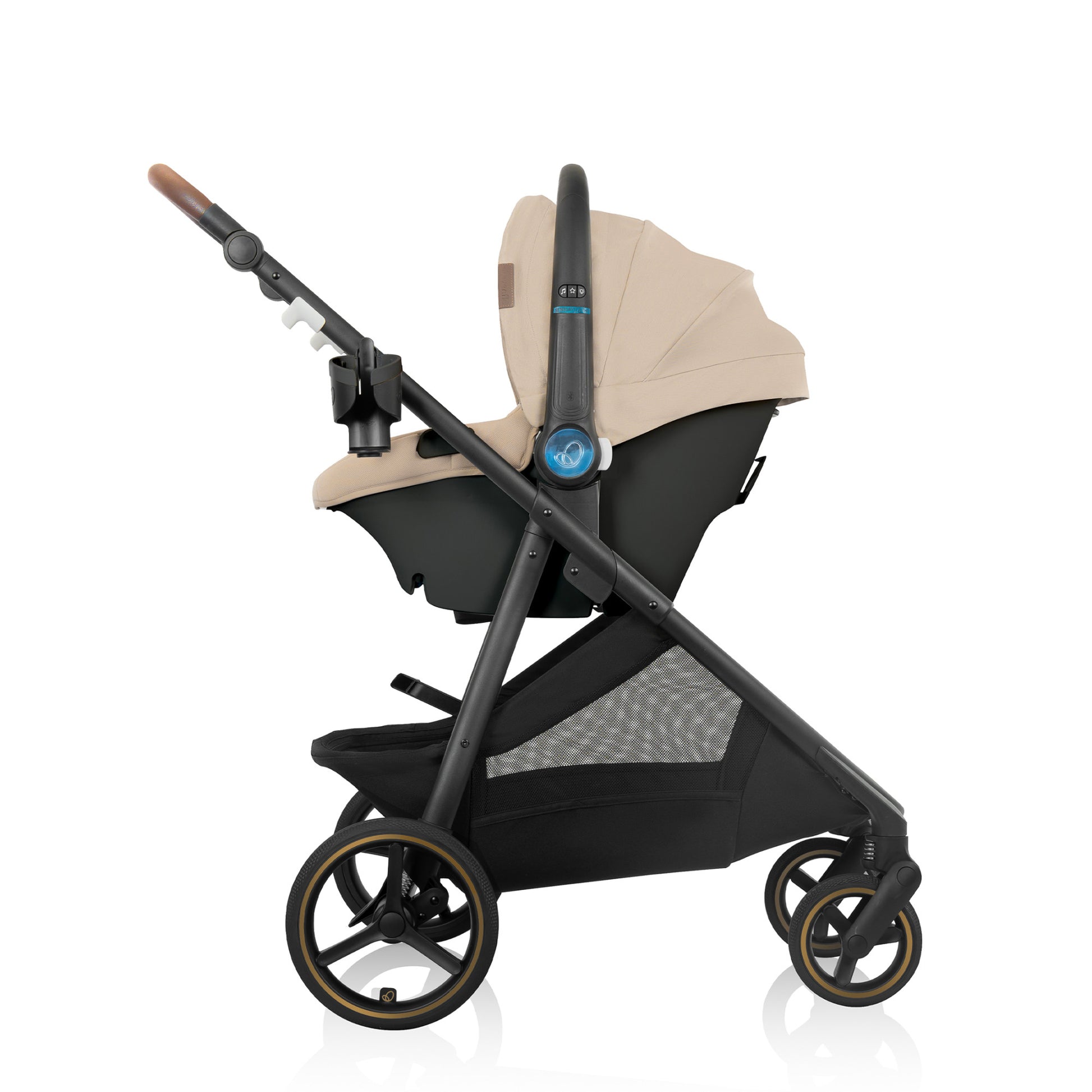 Shyft Intuiti+ Travel System featuring Revolve180 LiteMaxâ„¢ NXT Rotating Infant Car Seat with SensorySoothe Travertine side