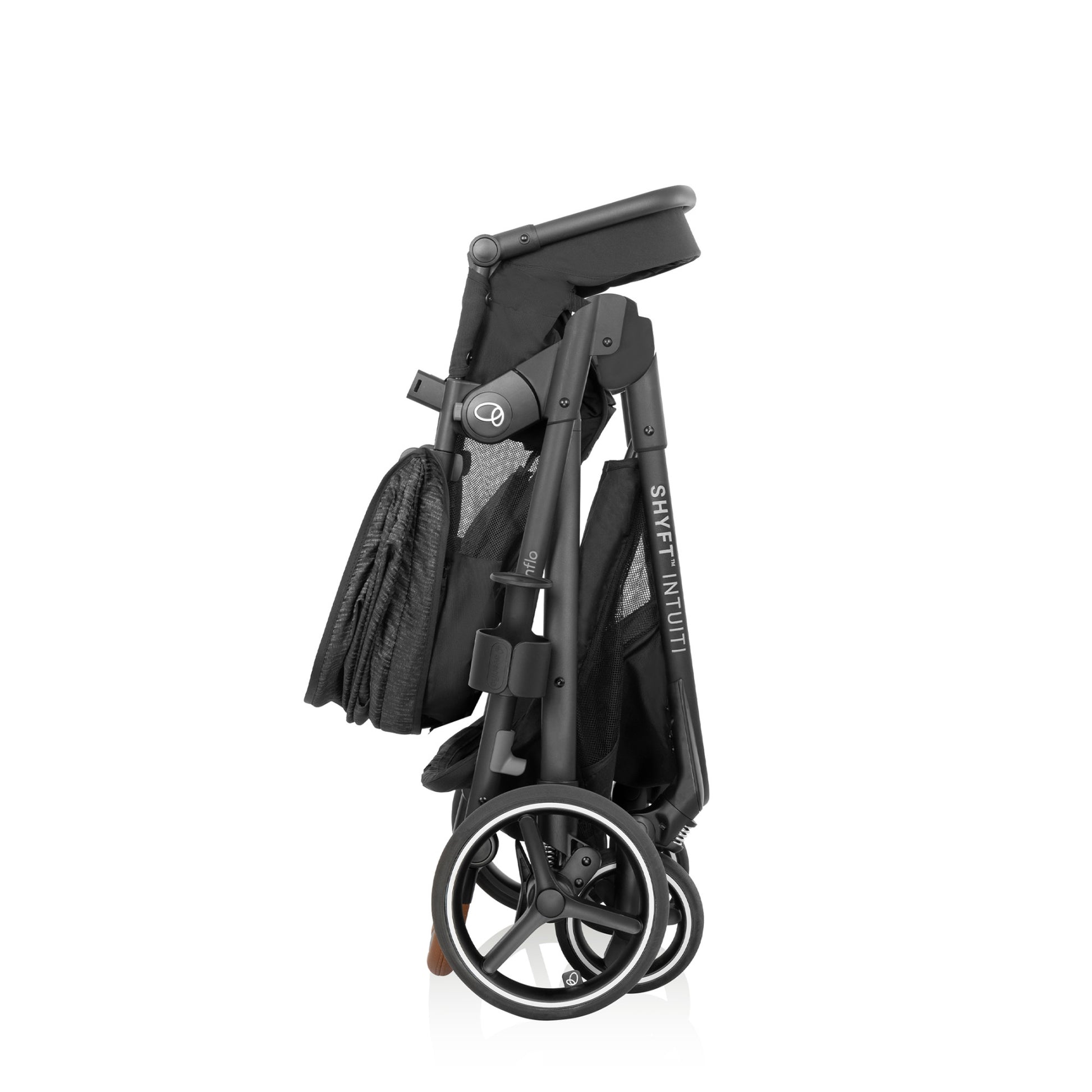 Shyft Intuiti Travel System with Revolve180 LiteMax NXT Rotating Infant Car Seat Black Shale folded