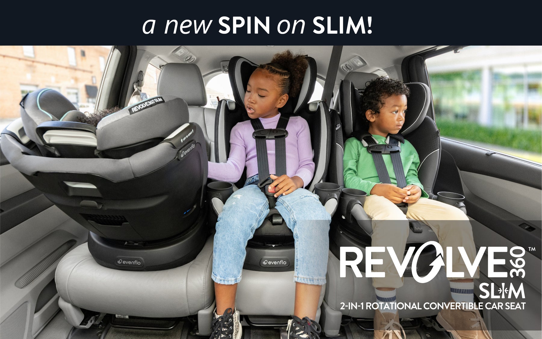 A new SPIN on SLIM! Revolve360 Slim 2-in-1 Rotational Convertible Car Seat. Image of children sitting in Revolve360 Slim in the car.