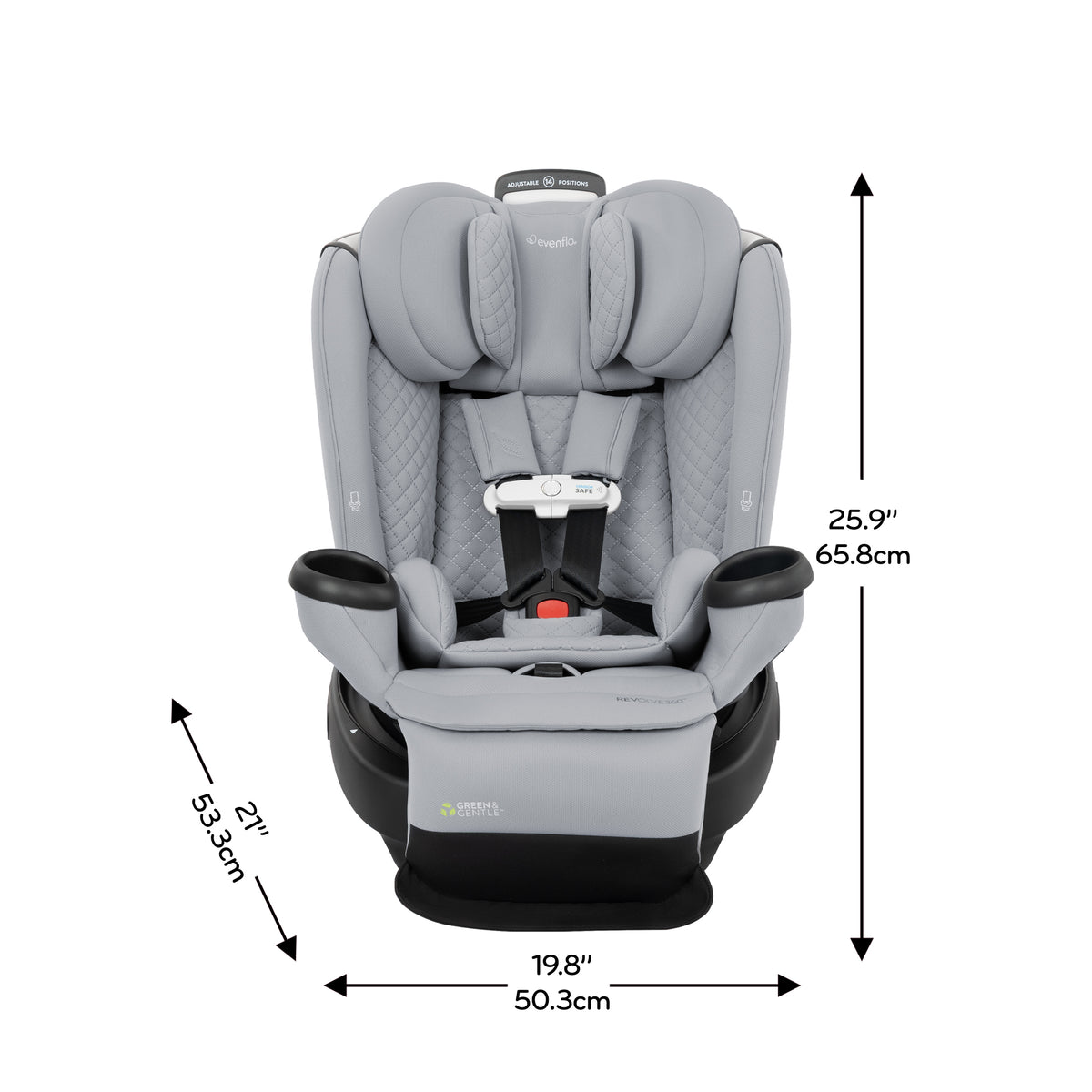 Revolve360 Extend All-in-One Rotating Car Seat with Green & Gentle Fabric dimensions diagram