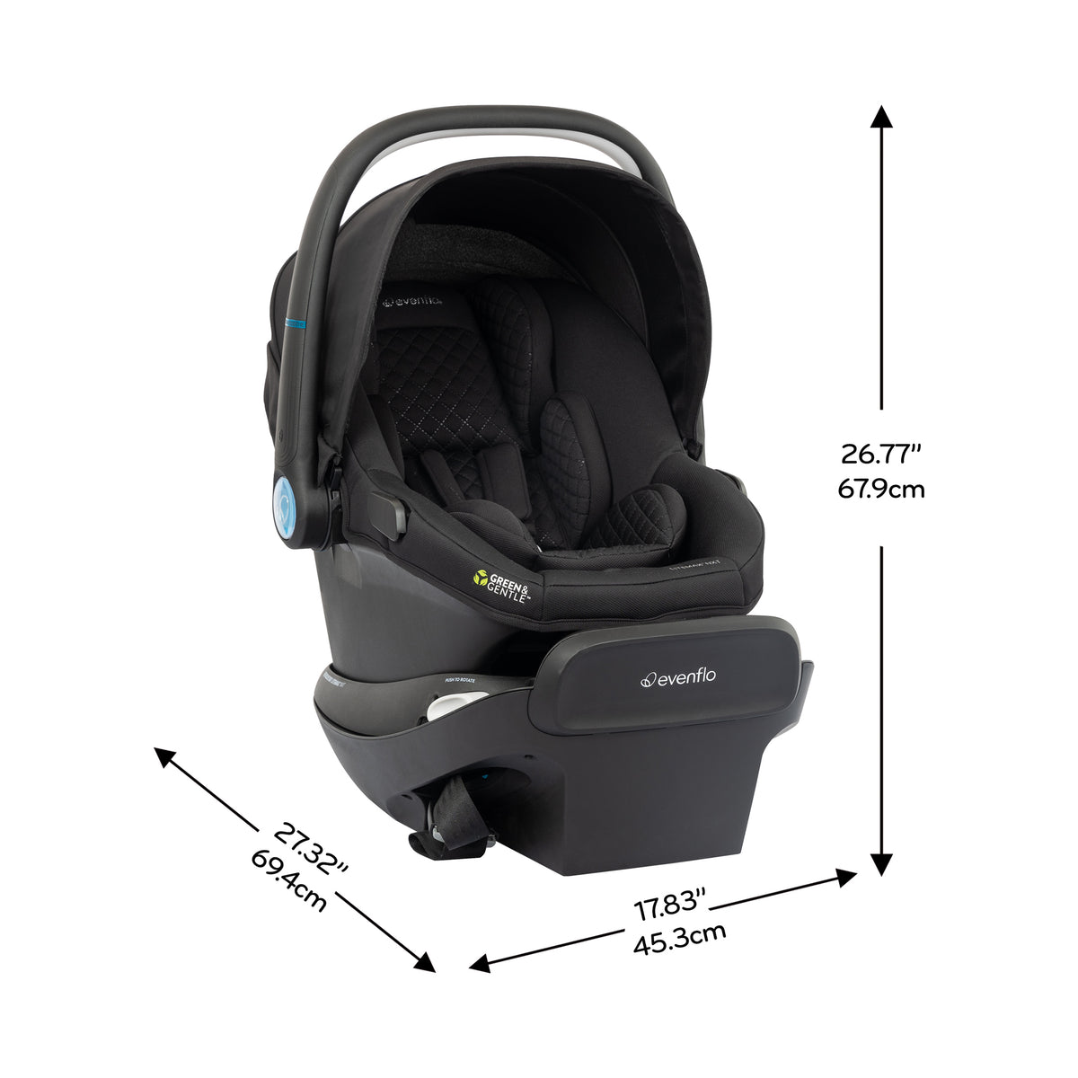 Revolve180 LiteMax NXT Rotating Infant Car Seat with SensorySoothe dimensions diagram